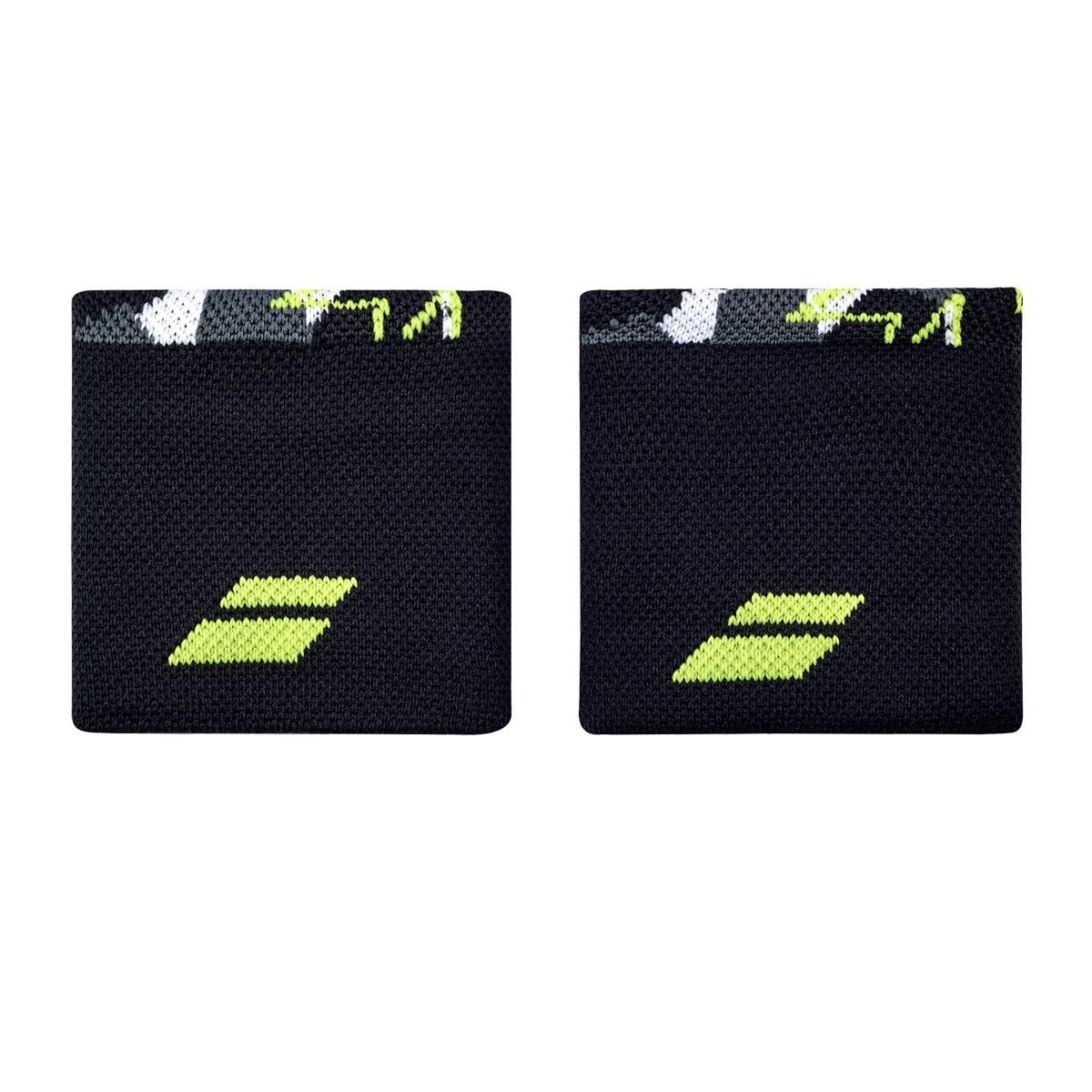 Two grey Babolat Logo Wristbands showcase a striking aero geometric design. The top edge features a vibrant mix of grey, white, and aero patterns for added flair. These high-absorption tennis accessories are displayed side by side on a crisp white background.
