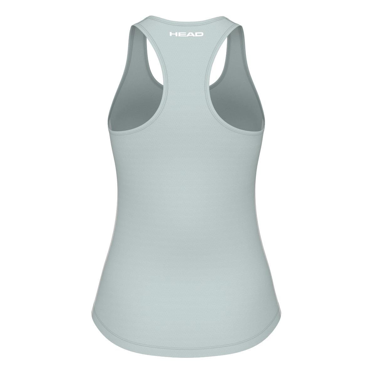 An infinity blue women's tank top with a racerback design, crafted from moisture-wicking microfibre. The brand name "HEAD" is printed in white on the upper back. The fabric is smooth and breathable, making it ideal for sportswear enthusiasts.