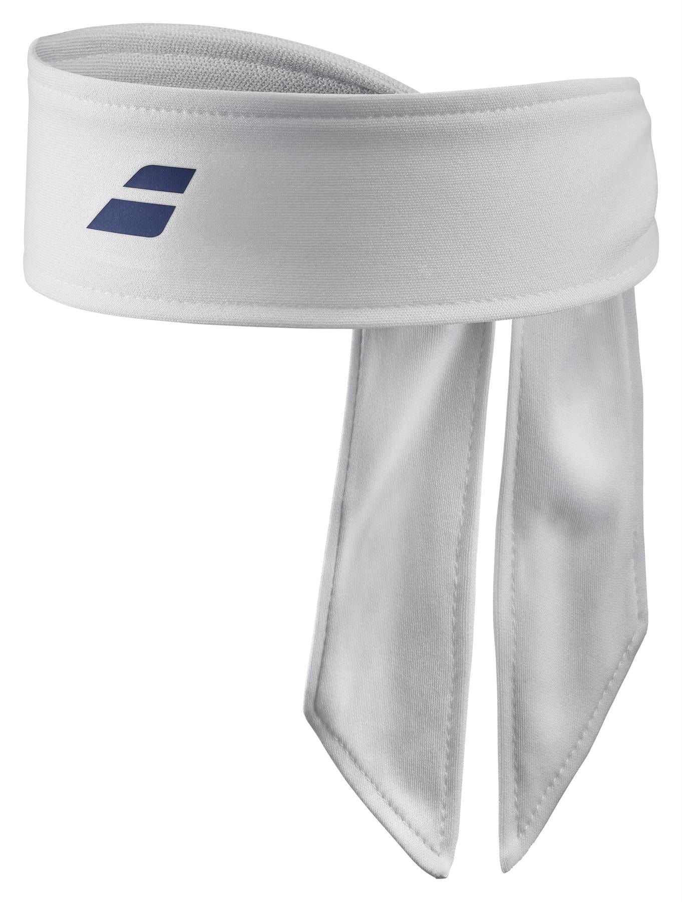 The Babolat Tie Tennis Headband in White/Sodalite Blue features a sleek design with a small navy logo, crafted for sweat absorption. It ties at the back with two tails, providing optimal support for intense activities.