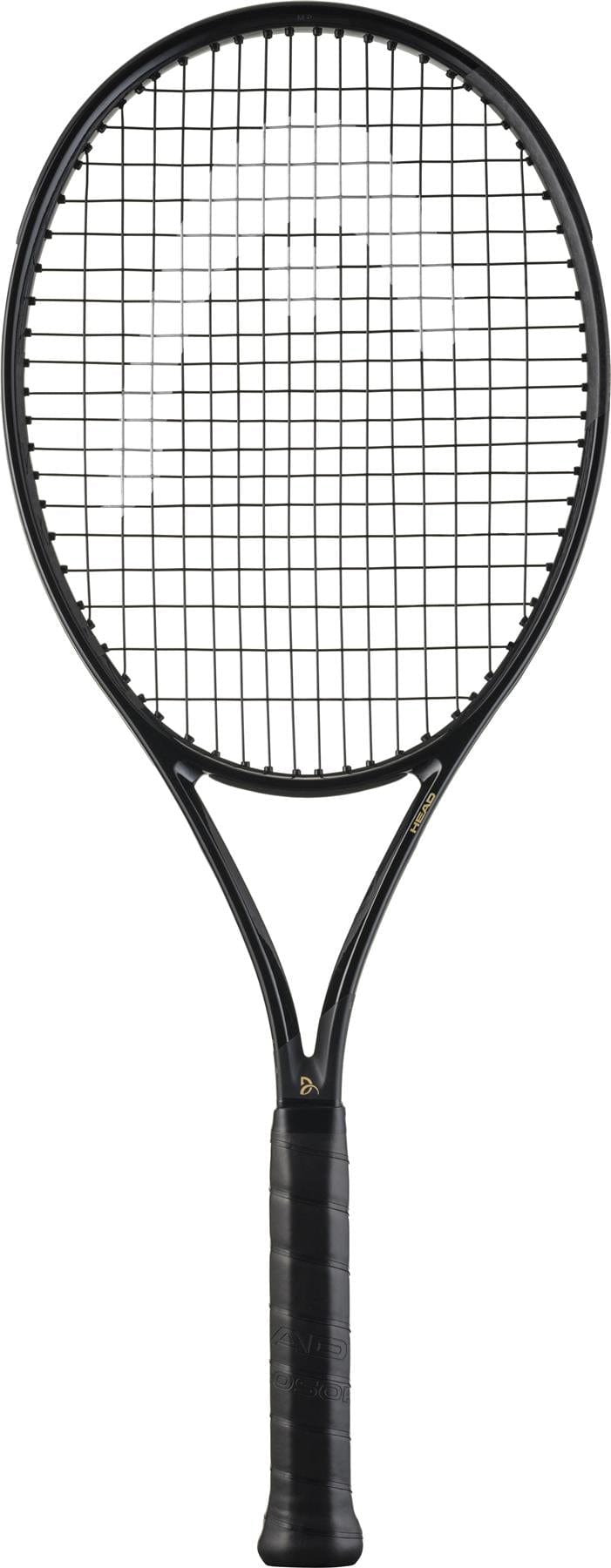The HEAD Speed MP Legend 2025 Tennis Racket in black and gold, inspired by Novak Djokovic, features a dark handle and tightly strung strings, shown against a white background.