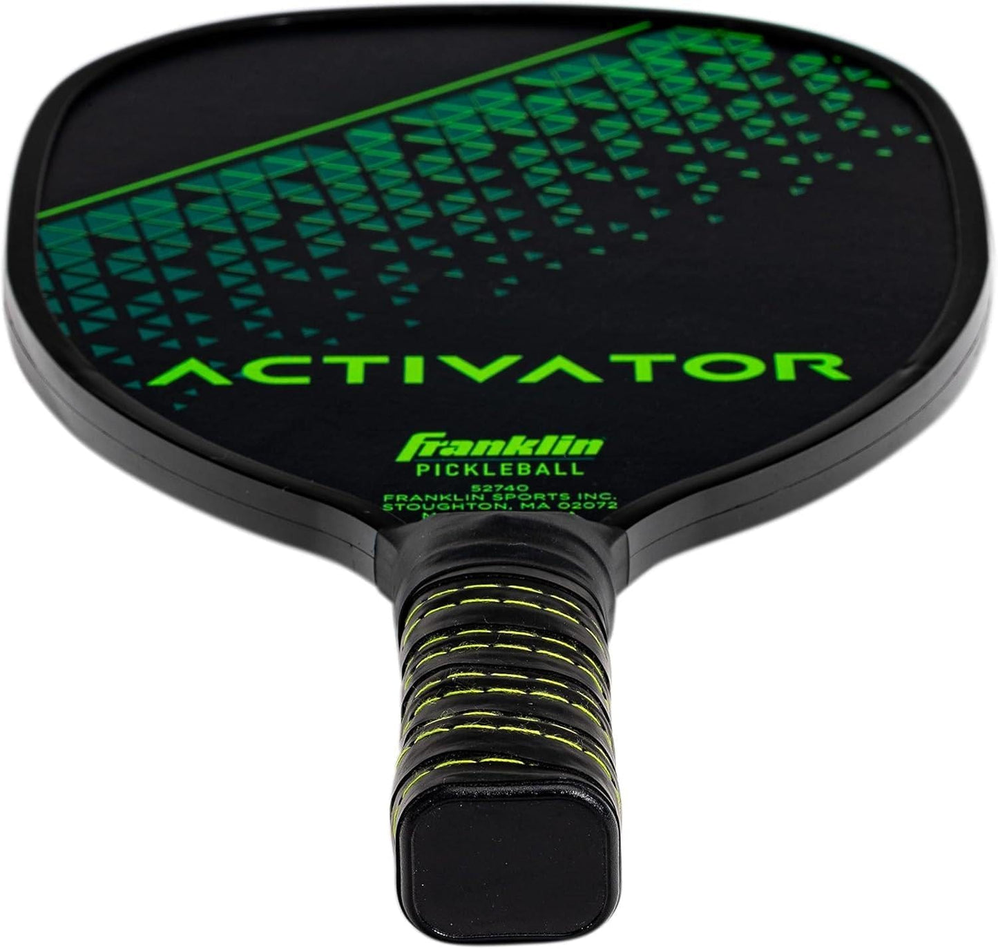 The Franklin Activator 2-Player Pickleball Set by Franklin features USA Pickleball Approved paddles with black surfaces, green geometric designs, and wrapped handles with black and green accents.