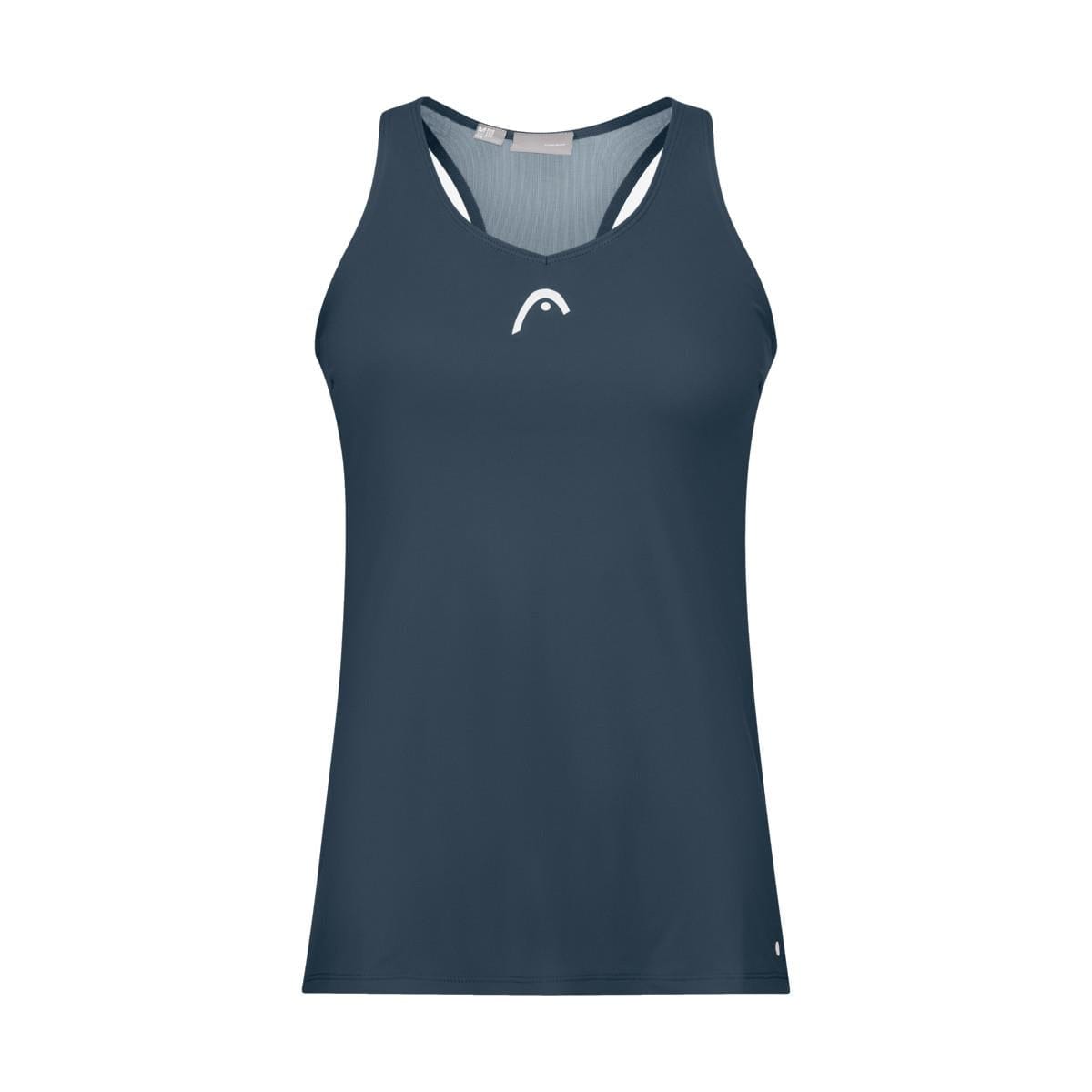 Introducing the HEAD Women's Spirit Tennis Tank Top in Navy Blue, a sleek sleeveless design crafted with Moisture Transfer Microfibre technology. It features a round neckline and a subtle white HEAD logo on the chest. The fabric is smooth, lightweight, and perfect for both sports activities and casual wear.