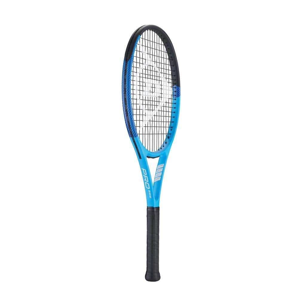 The Dunlop Tristorm Pro 255 Tennis Racket in blue is tailored for beginner players. It showcases a sleek black handle and a prominent white logo against the plain white strings, creating an understated yet stylish appearance.