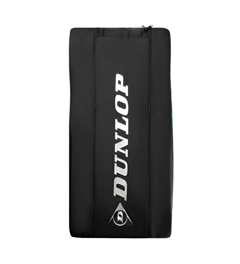 The Dunlop SX Performance 8 Racket Tennis Bag in teal, black, and yellow stands upright with a central silver logo. Featuring two vertical zippers and ergonomic padded shoulder straps, it's ideal for tennis enthusiasts and displayed on a plain white background.