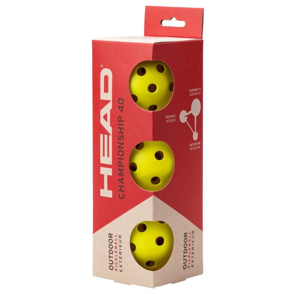 The HEAD Championship 40 Outdoor Pickleball Balls (3 Ball) pack features three yellow balls in red and white packaging with cutouts, showcasing their durability, bounce, and reliable outdoor play.