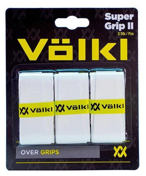 The packaging for the Volkl Super Grip II Tennis Overgrip - 3 Pack - White highlights three overgrips known for their highly tacky texture, ideal for tennis racket handles. The eye-catching black and yellow branding prominently displays the Volkl logo, with "Over Grips" elegantly featured at the bottom.