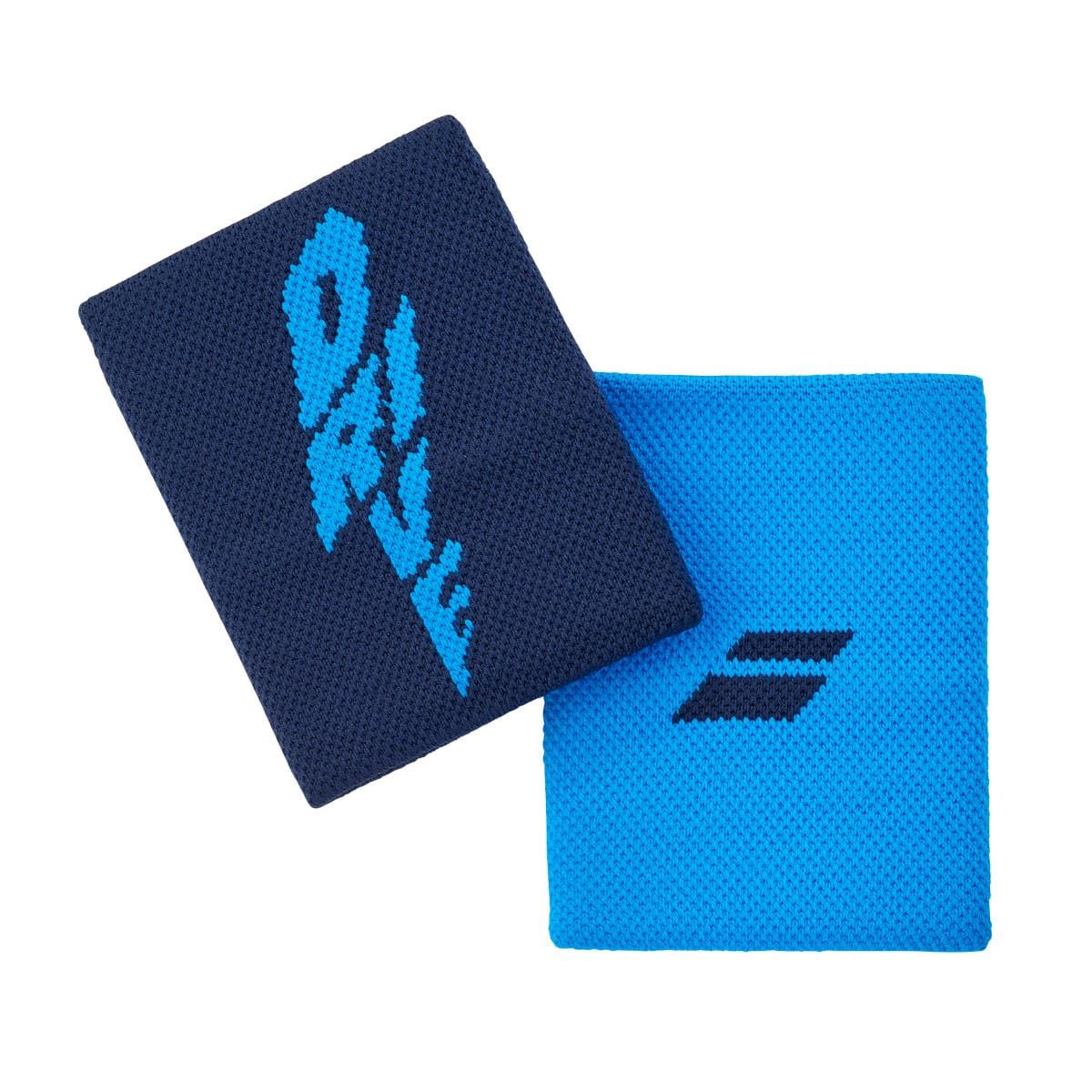 Two wristbands crafted from high-absorption terry material are showcased. One features a dark blue color with light blue text, while the other is the Babolat Logo Jumbo Wristband - Drive Blue by Babolat, featuring a light blue design with a dark blue logo. They are presented on a pristine white background.