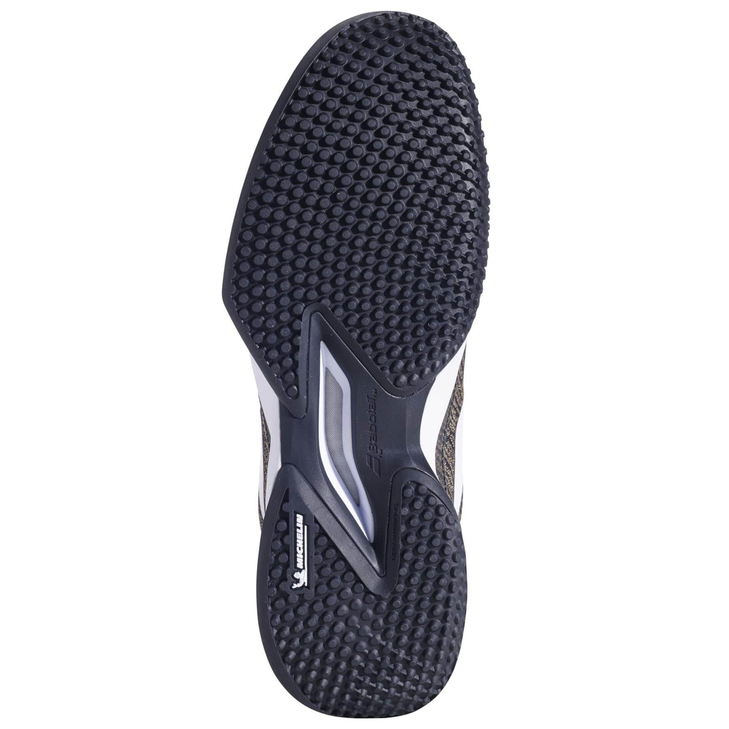 The Babolat Jet Mach 3 Sand Grass Men's Wide Tennis Shoes in black/white feature a textured, rubbery Michelin sole for superior grip and a small logo near the arch, enhancing their sleek design.