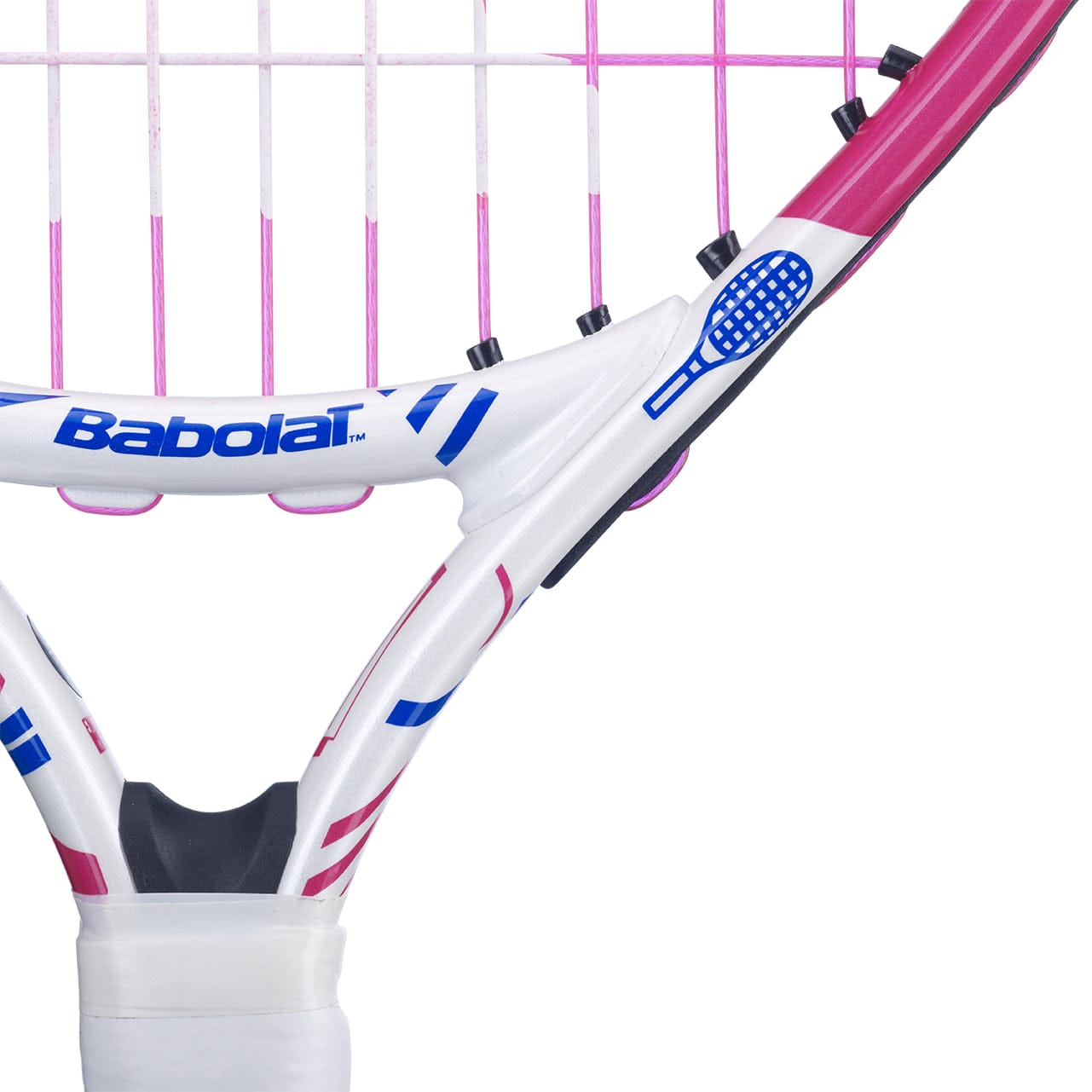 Close-up of a Babolat B-Fly 17 Junior Tennis Racket in white and pink, featuring its frame with strings. The recognizable Babolat logo is prominently displayed, accompanied by a graphic of a blue tennis racket on the side. It’s equipped with a white grip, making it ideal beginner tennis equipment.