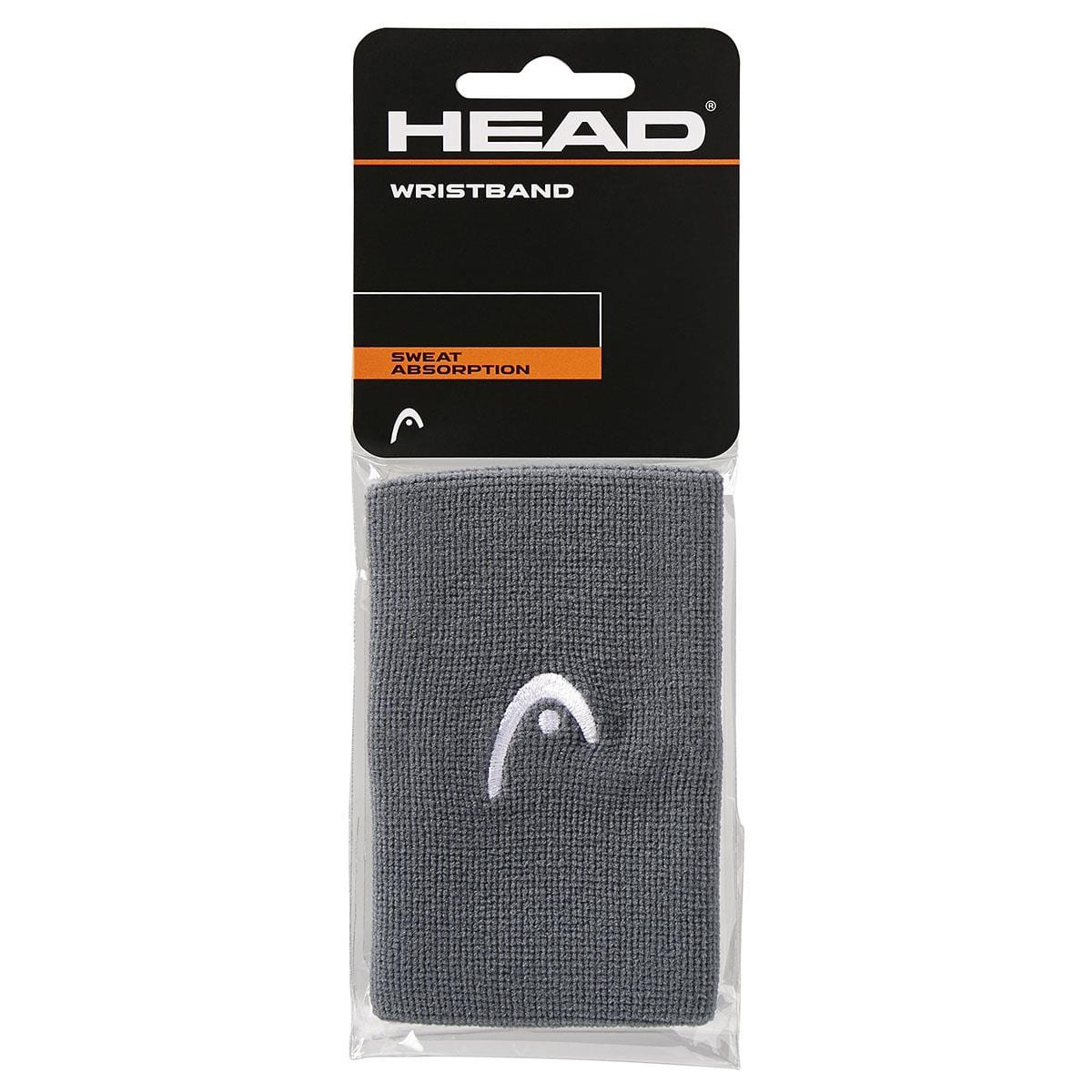 The HEAD 5" Tennis Wristband in anthracite grey, known for its sweat absorption qualities, displays a white logo and comes in packaging with a black header featuring bright orange and white text.