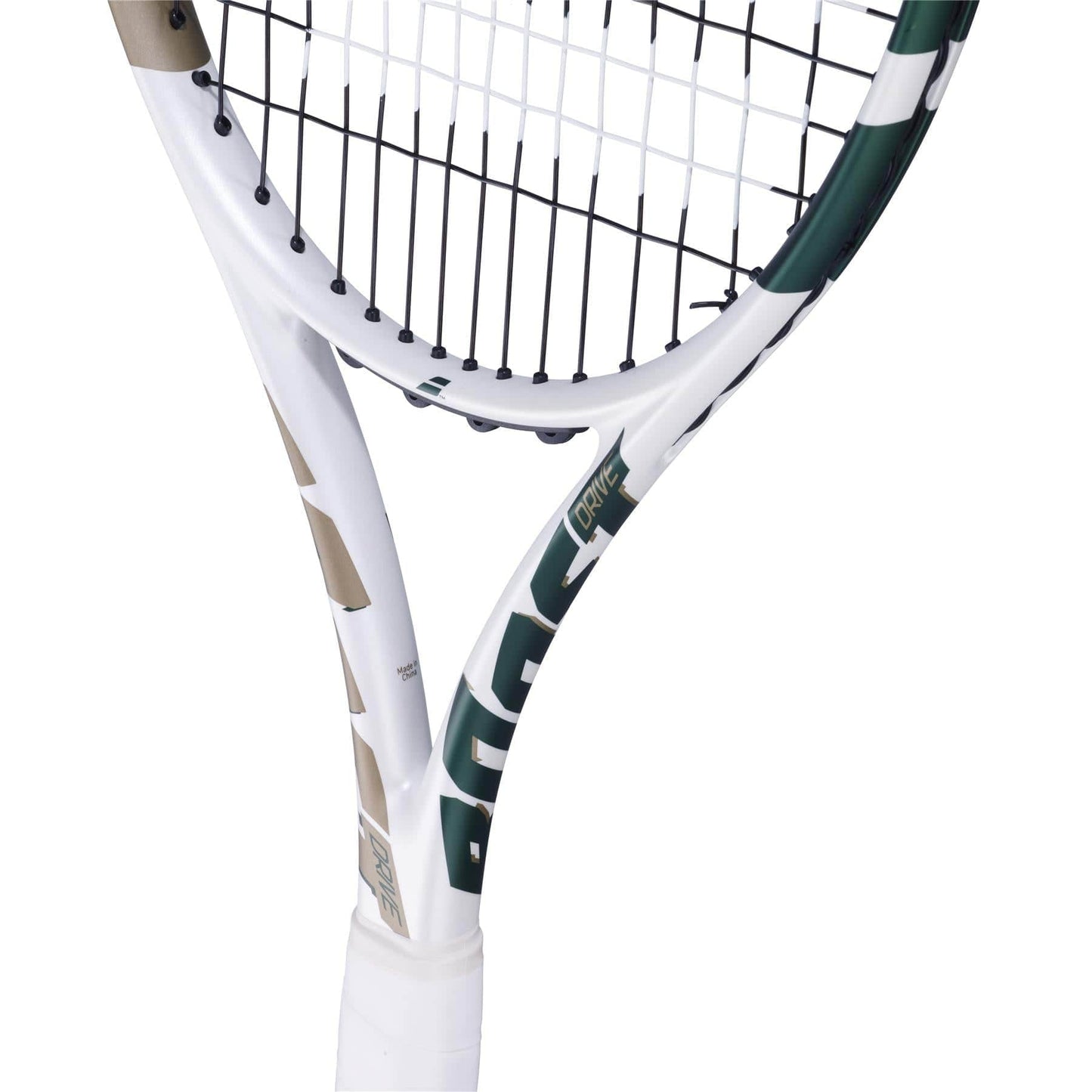 Close-up of the Babolat Boost Wimbledon 2025 Tennis Racket in white and champagne green, showing the throat, part of the strings, and grip. The Babolat brand name and logo appear partially on the frame.
