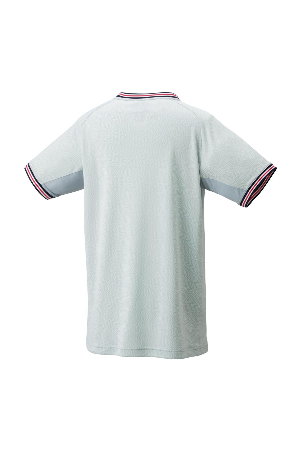 Back view of the Yonex 10578 Crew Neck Men's Tennis T-Shirt in Crystal Blue, highlighting a striped collar and sleeve cuffs in dark and light blue. The fabric, equipped with VeryCool technology for UV reduction, displays a subtle swirl pattern with contrasting darker blue shoulder panels.