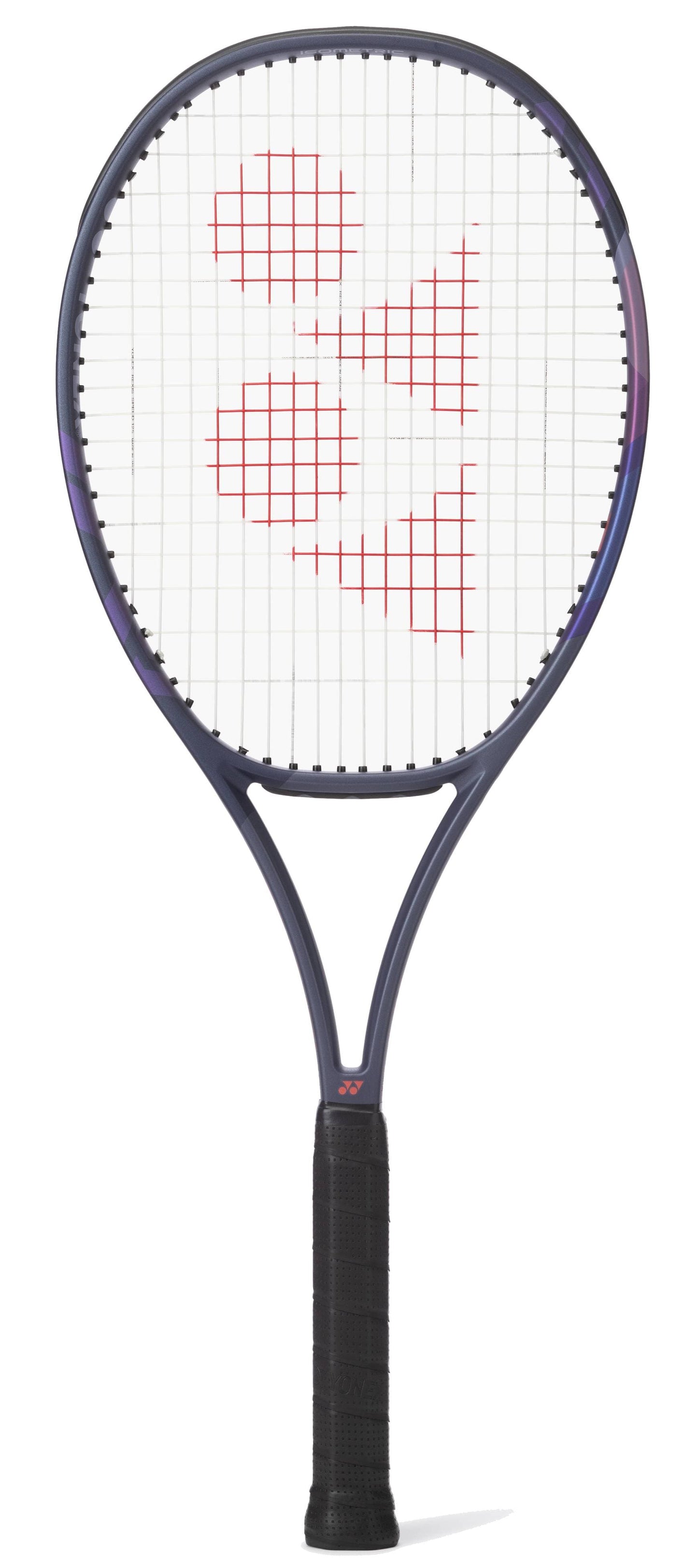 A Yonex Percept 100D Tennis Racket - Midnight Navy stands upright against a white background, featuring a black grip, dark frame, and a red logo pattern on the white string bed for exceptional power and control.