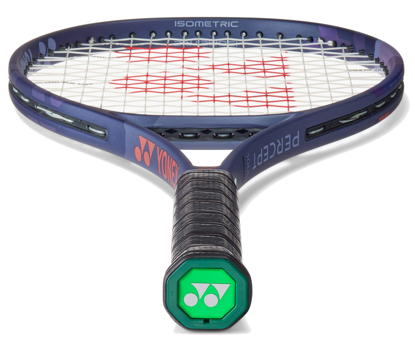 A close-up of the Yonex Percept 100L Tennis Racket - Midnight Navy highlights its black grip, green butt cap logo, and white strings with a red pattern on the blue frame—perfect for intermediate players.
