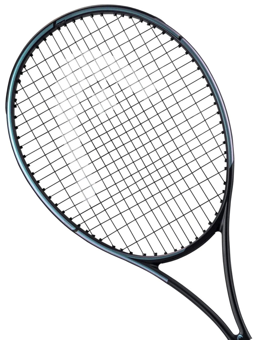 The HEAD Gravity Team 2023 Tennis Racket in black, offered by HEAD, showcases a taut string pattern and sleek frame with cutting-edge Auxetic technology, all set against a white background.