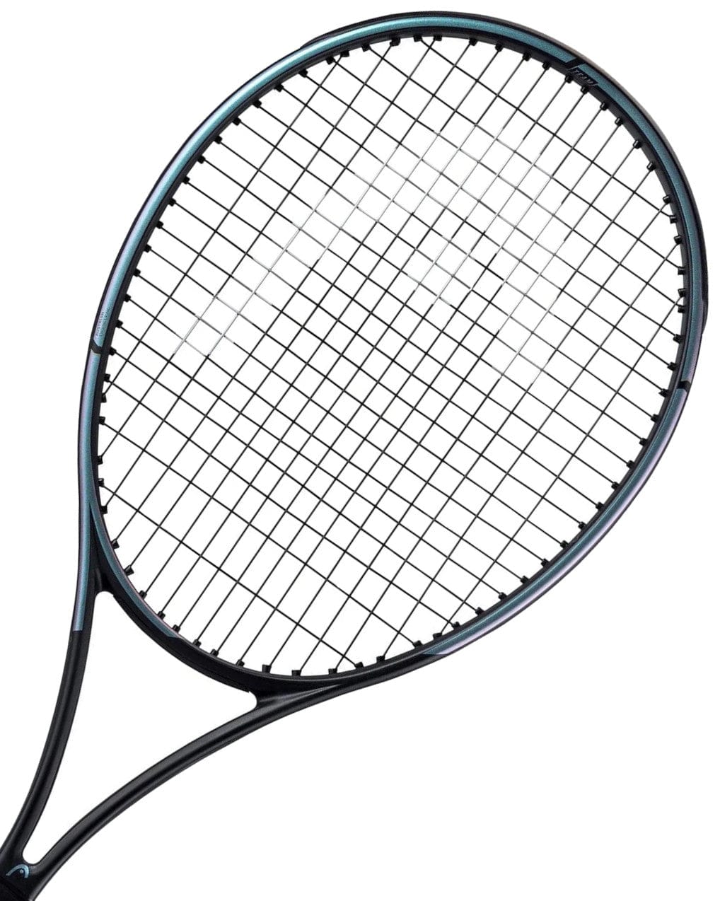 The HEAD Gravity Team 2023 Tennis Racket by HEAD is a black racket featuring tightly strung white strings, as seen from the top. This lightweight racket incorporates Auxetic technology and showcases a sleek, rounded frame with a minimalistic design.