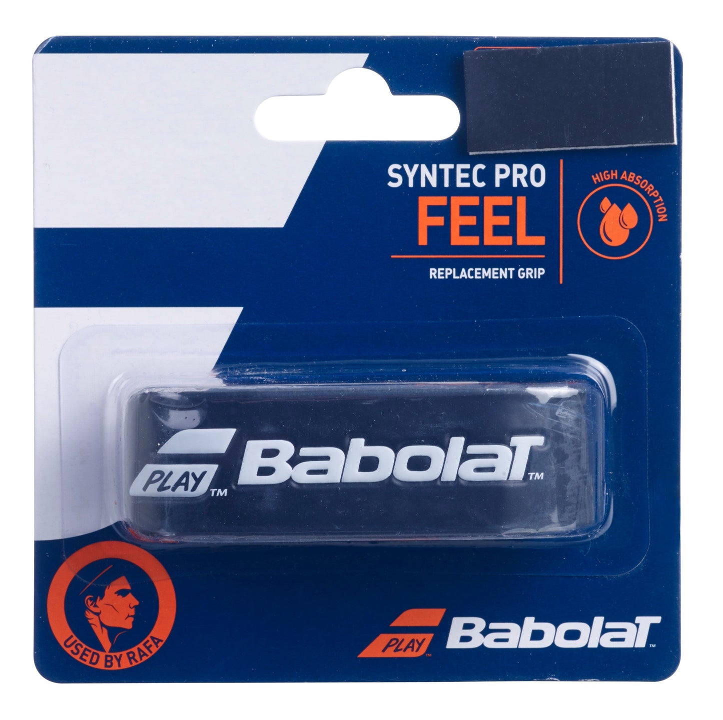 The packaging of the Babolat Syntec Pro X1 Replacement Tennis Grip in black is eye-catching, prominently featuring an icon indicating high absorption and the text "Used by Rafa," showcasing its popularity among professional players.