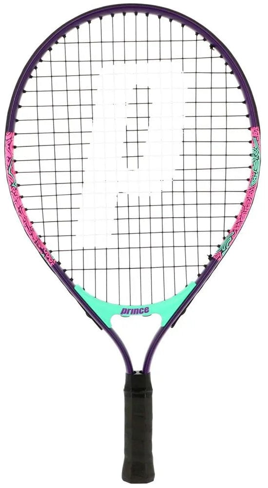 The Prince Ace/Face 19 Junior Tennis Racket - Pink - G0 by Prince features purple and pink colors, a black grip, teal accents, and a large white "P" logo—ideal for young players.