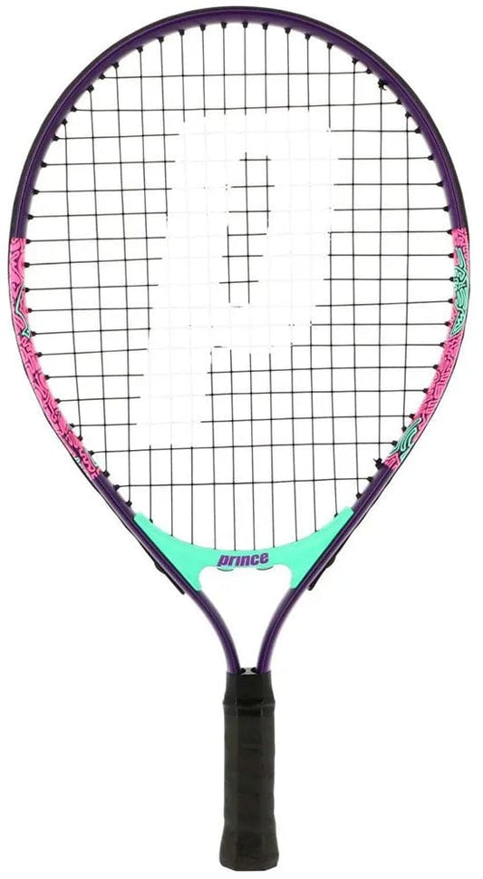 The Prince Ace/Face 19 Junior Tennis Racket - Pink - G0 by Prince features purple and pink colors, a black grip, teal accents, and a large white "P" logo—ideal for young players.