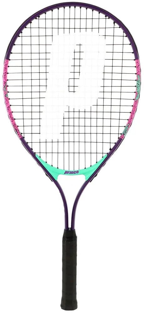 The Prince Ace/Face 25 Junior Tennis Racket in pink features a lightweight frame, black grip, purple frame, pink and teal accents, and a large white "P" logo—ideal for beginner players.