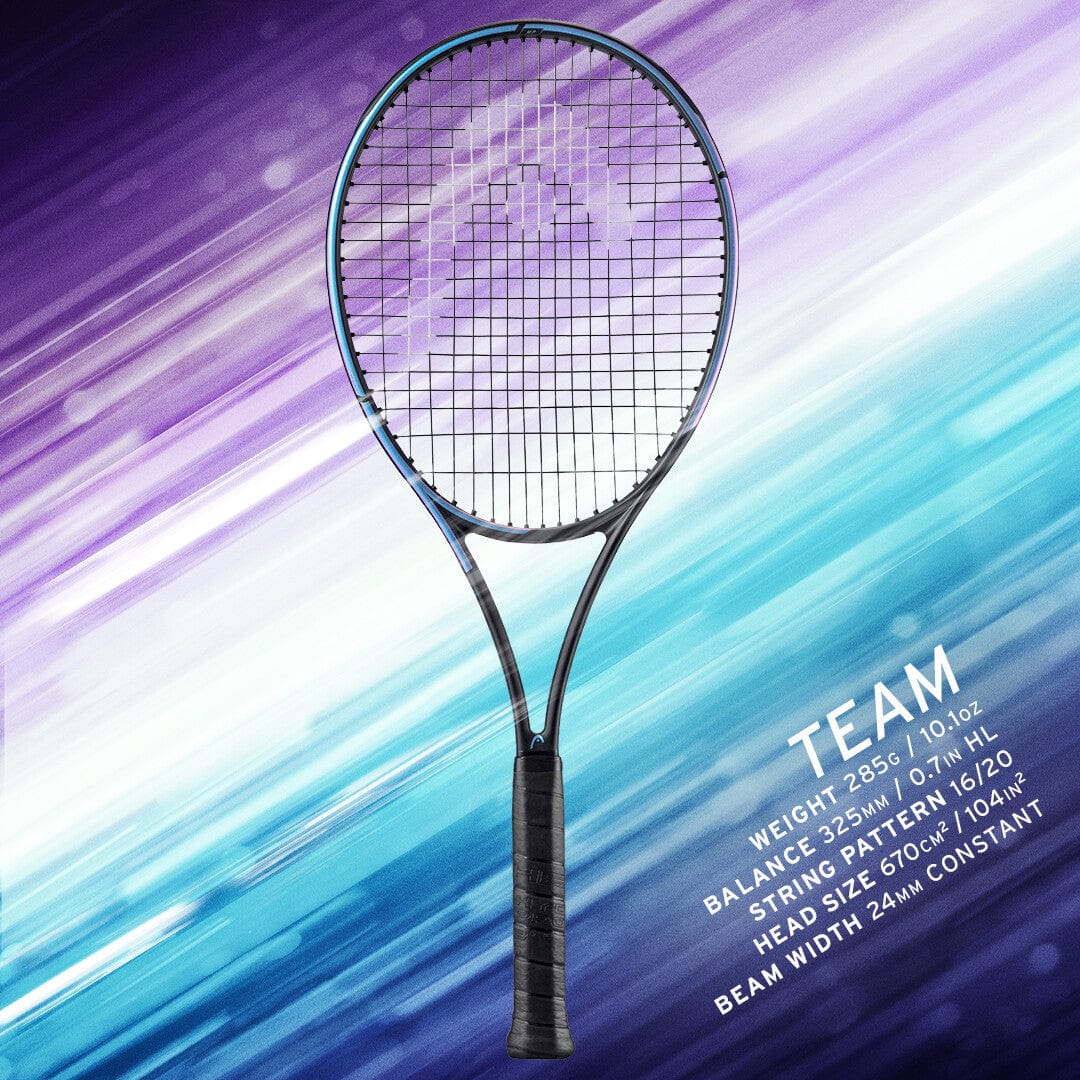 The HEAD Gravity Team 2023 Tennis Racket in Black is displayed against a backdrop of blue and purple diagonal streaks. Accompanying it, the specifications emphasize its lightweight construction with Auxetic technology: weight (285g / 10.1oz), balance (325mm / 7 HL), string pattern (16/19), head size (660cm² / 102in²), and beam width.