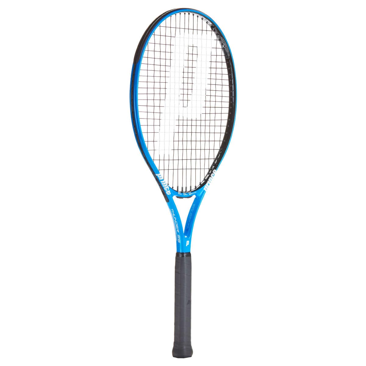 The Prince Thunder 26 Junior Tennis Racket - G0, crafted for young athletes, showcases a stylish blue and black design with a matching black grip and a prominent white "P" emblem on the strings, enhanced by its lightweight frame for improved playability.