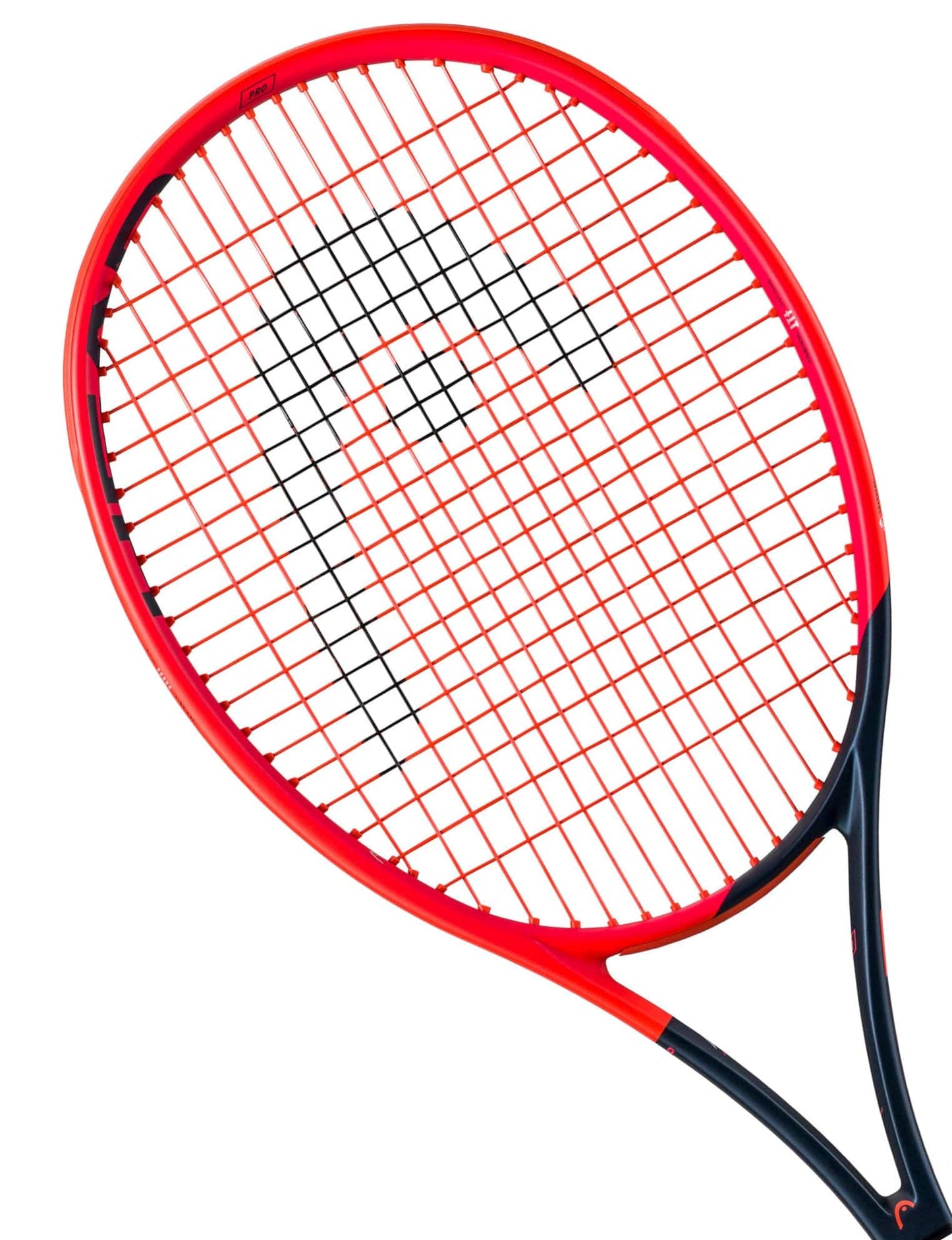 An orange and navy blue tennis racket from HEAD, the Radical Pro 2023 model featuring Auxetic technology, is displayed at an angle with a prominent logo on the strings against a white background.