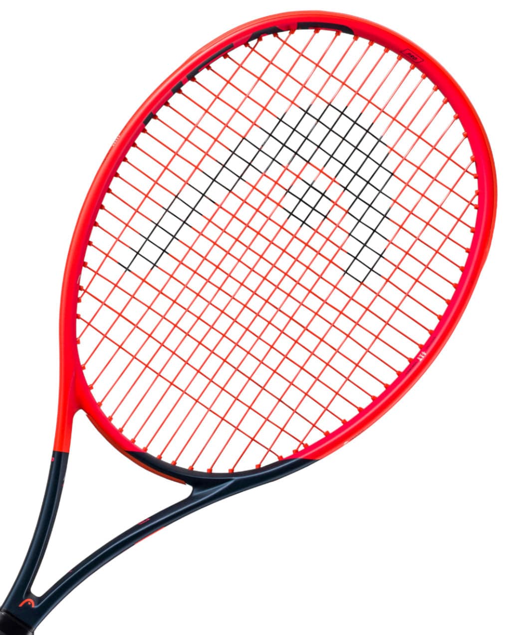 Close-up of a HEAD Radical Pro 2023 Tennis Racket featuring an orange and navy blue frame, equipped with advanced Auxetic technology. The partially visible handle showcases its classic crisscross string pattern against a plain white background.