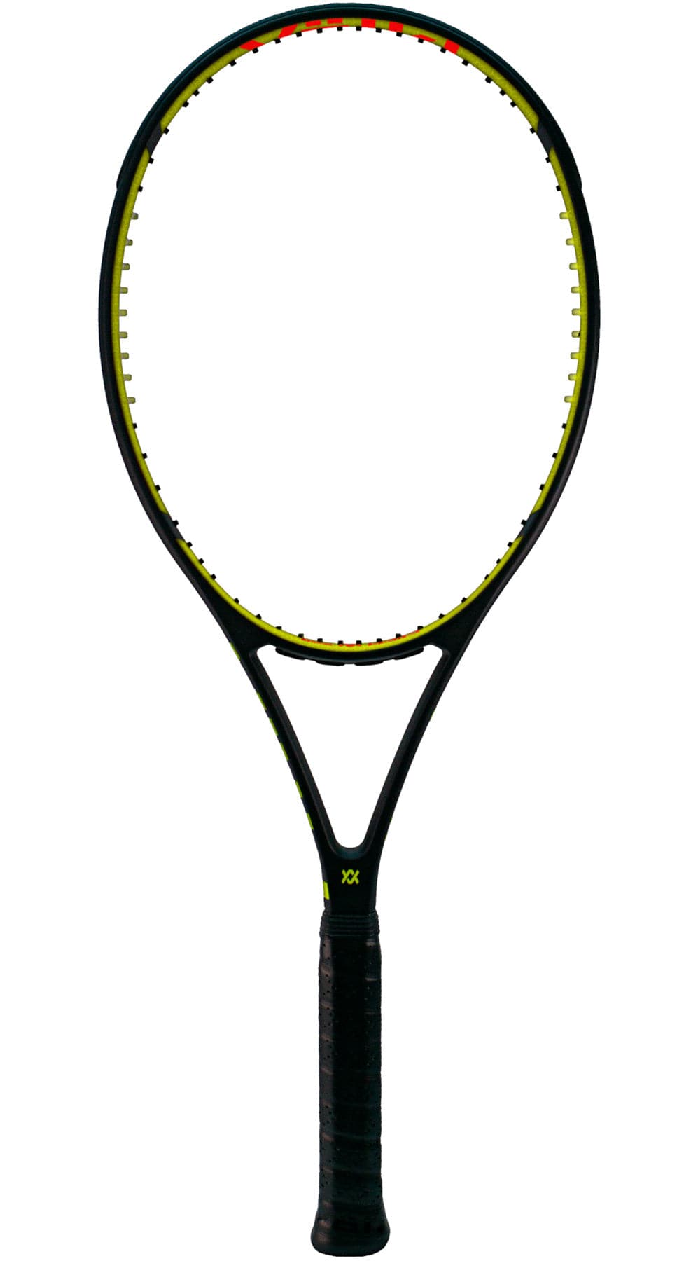 A Volkl V-Cell 10 320g tennis racket in black and yellow, featuring an open string pattern and constructed from advanced carbon material. The handle is wrapped in black grip tape, set against a plain white background.