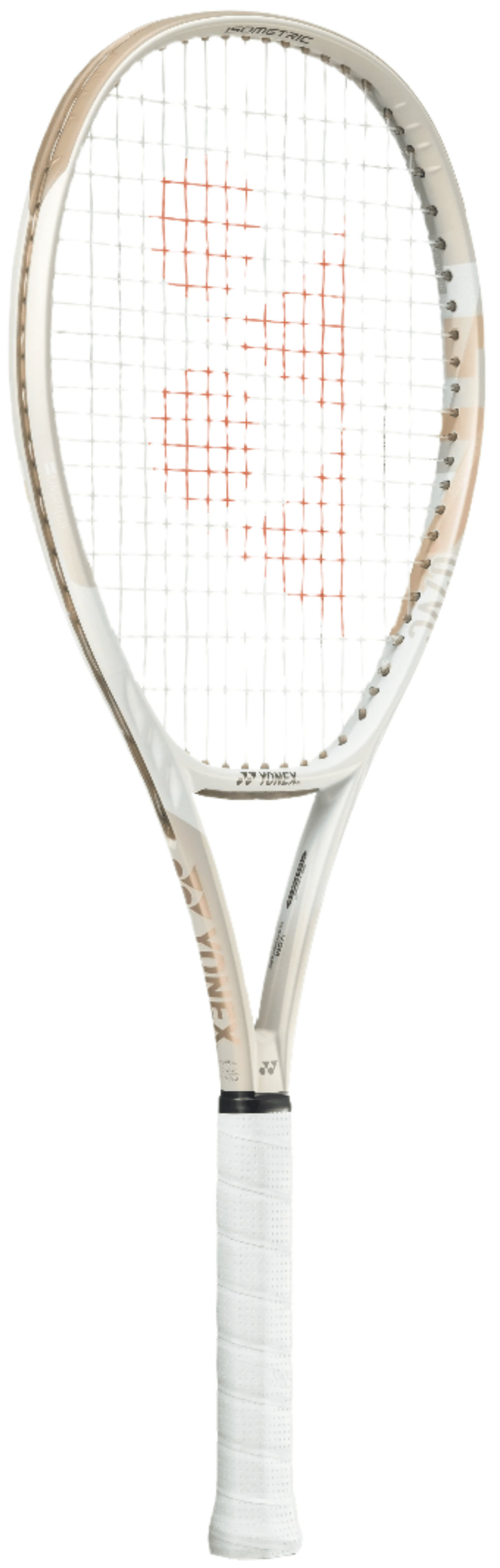 The Yonex VCORE 100L Tennis Racket in Sand Beige is a lightweight racquet with white and beige accents, a white handle, and a patterned string face. It uses ISOMETRIC technology for enhanced performance.