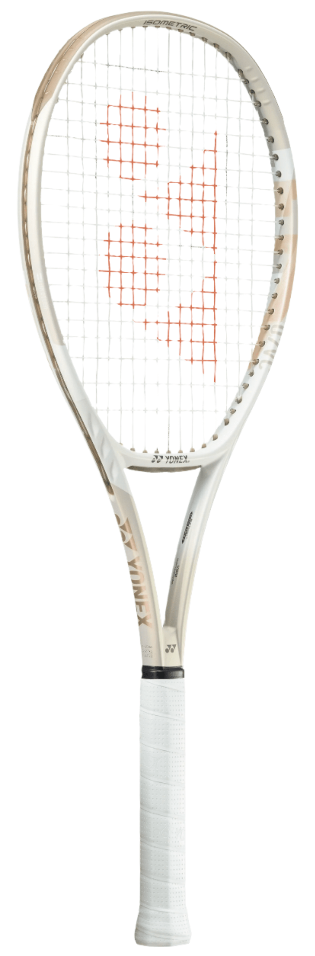 The Yonex VCORE 95 Tennis Racket in Sand Beige features a sleek frame with the orange logo on the strings. Featuring ISOMETRIC™ technology, its white-taped grip enhances spin, speed, precision, and control.