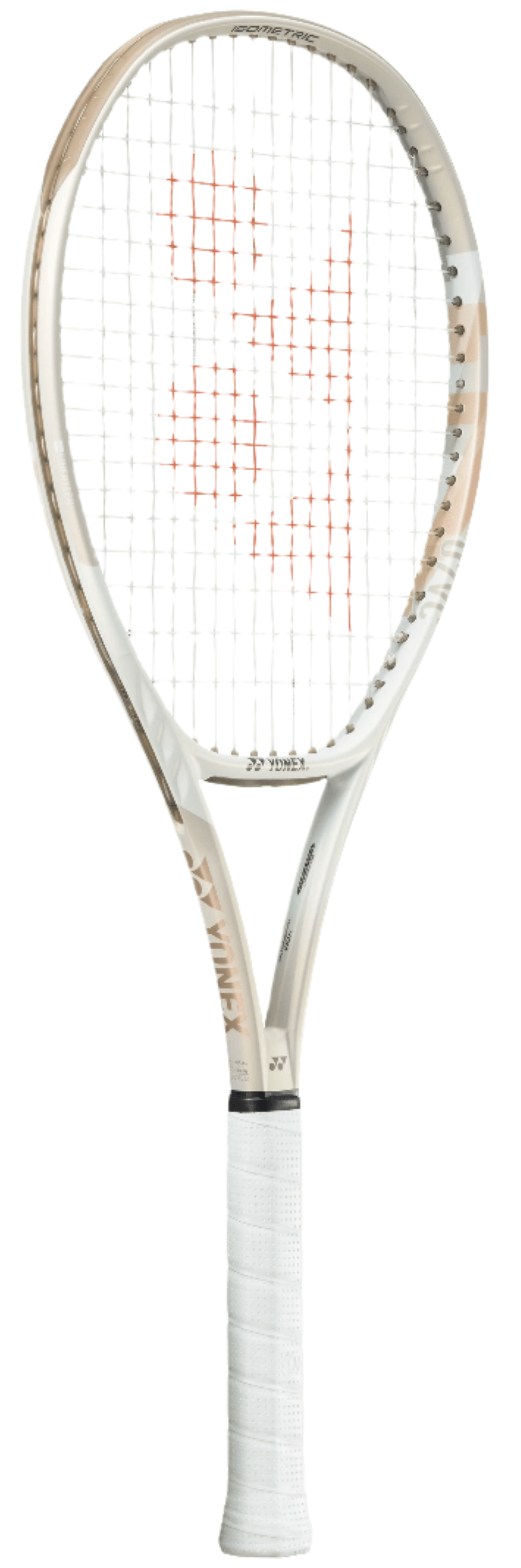 The Yonex VCORE 98L Tennis Racket in Sand Beige features a white frame, orange strings, and a beige handle with brand logos. ISOMETRIC™ technology and branding enhance its sleek, modern design.