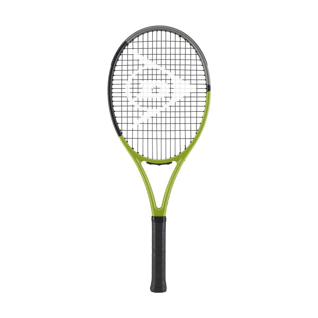 The Dunlop Tristorm Team 100, perfect for beginners, features a stylish lime, silver, and black design with a comfortable black grip and a patterned white string face, all set against a plain white background.