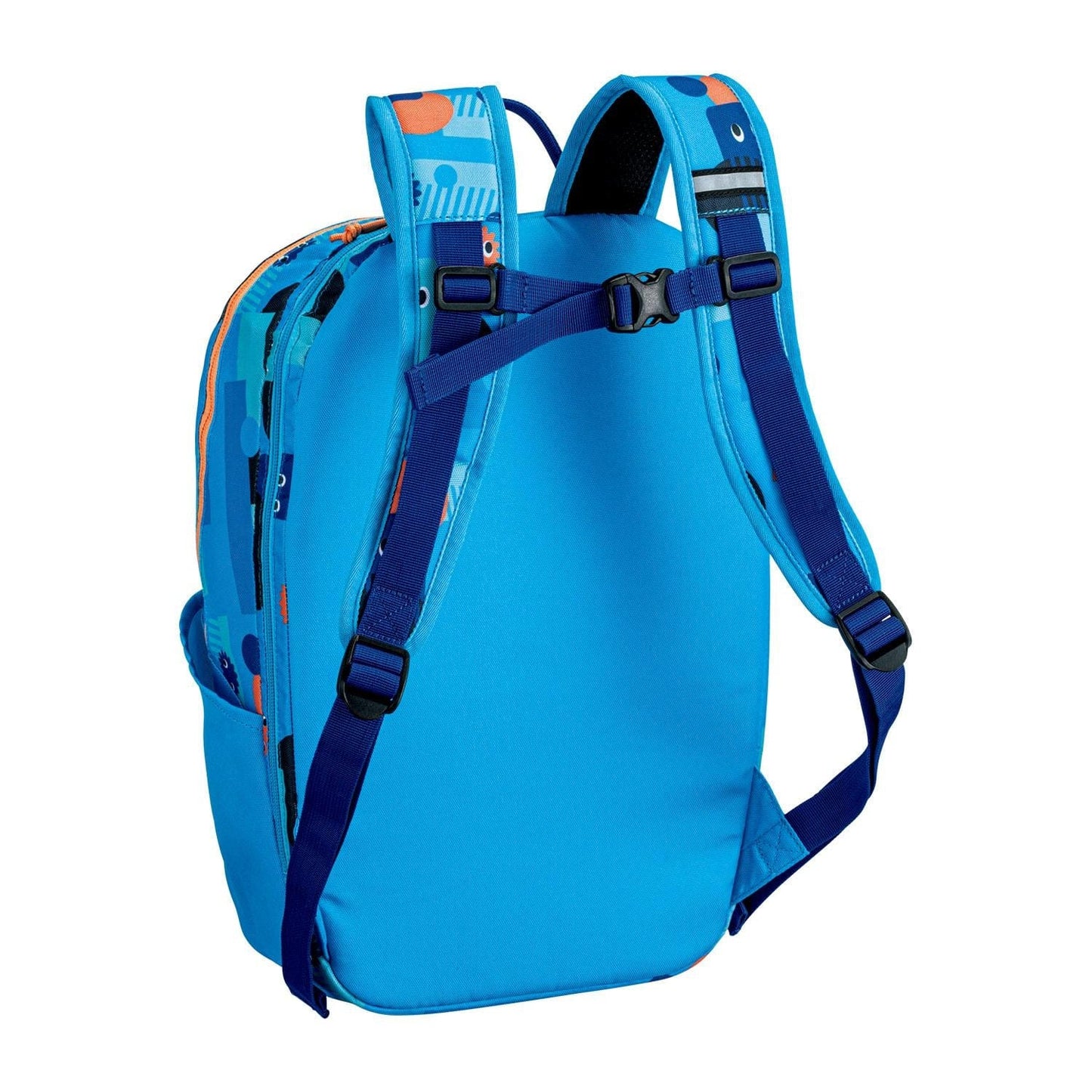 The Yonex 22512 Junior Tennis Backpack in Ocean Blue has adjustable shoulder straps with geometric patterns. It features orange, navy, and light blue accents, a front pocket, and a main compartment with strap buckles for support—perfect for carrying tennis gear.