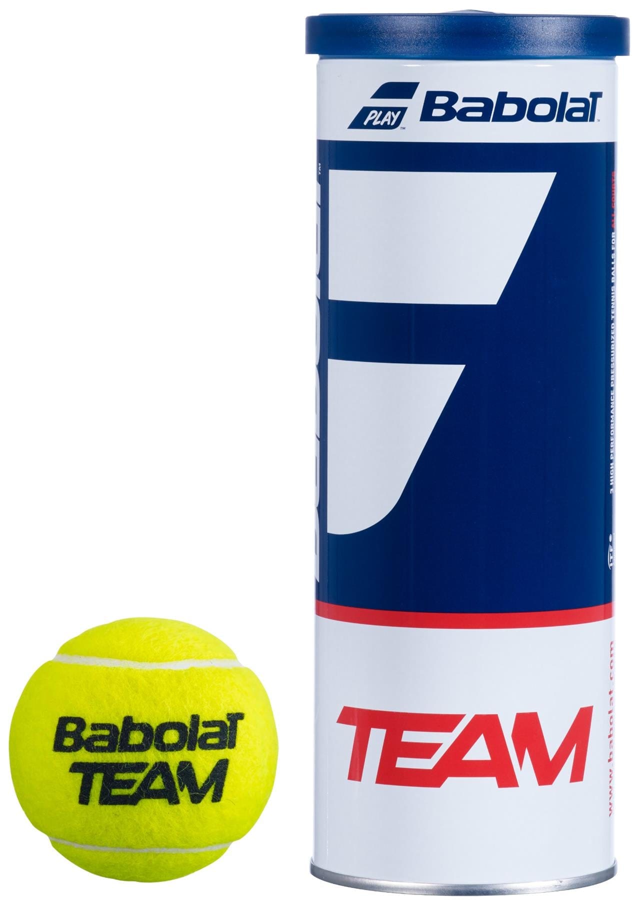 A tube of Babolat Team X3 Tennis Balls - 3 Ball Tube sits next to a single yellow ball. The can, designed in blue and white with red accents, prominently features the Babolat logo. Approved by the ITF and crafted for competitive players, these balls guarantee top performance on the court.