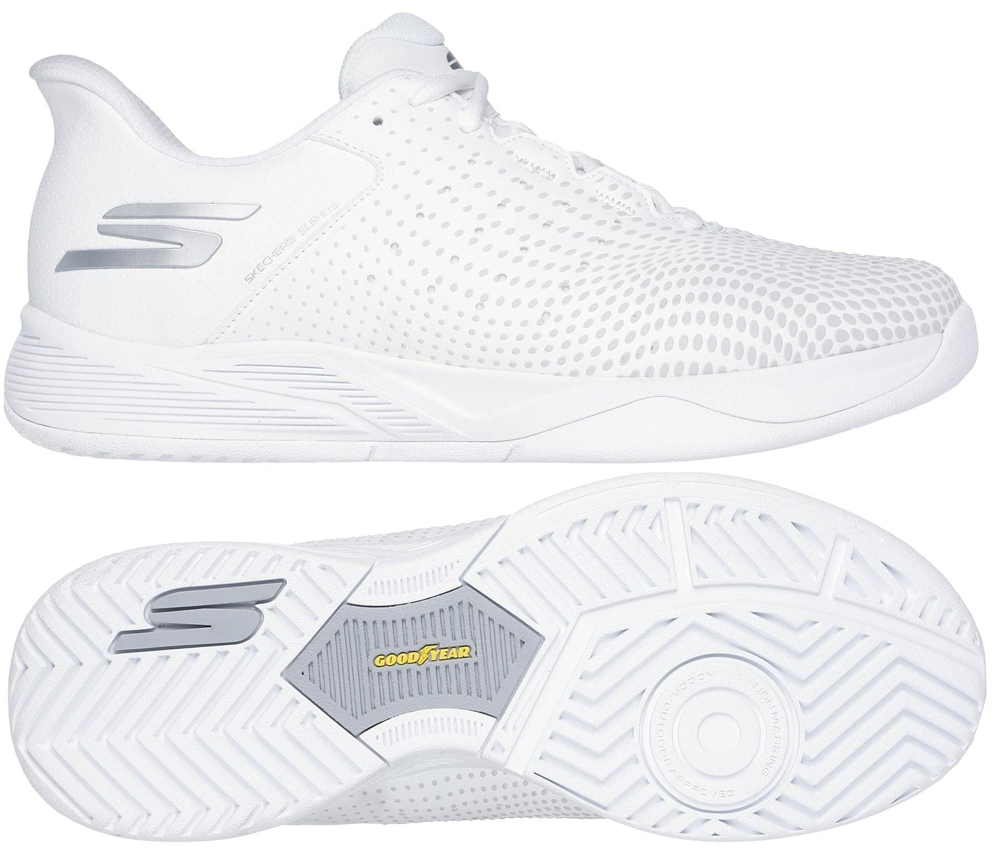 Two views of the Skechers Viper Court Reload Slip Ins Relaxed Fit Tennis Shoes in white: a side profile displays its sleek perforated upper, while the sole view reveals a patterned Goodyear Rubber tread with "Goodyear" branding.