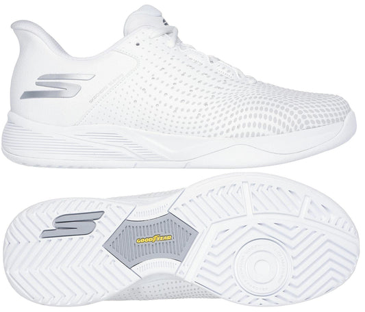 Two views of the Skechers Viper Court Reload Slip Ins Relaxed Fit Tennis Shoes in white: a side profile displays its sleek perforated upper, while the sole view reveals a patterned Goodyear Rubber tread with "Goodyear" branding.