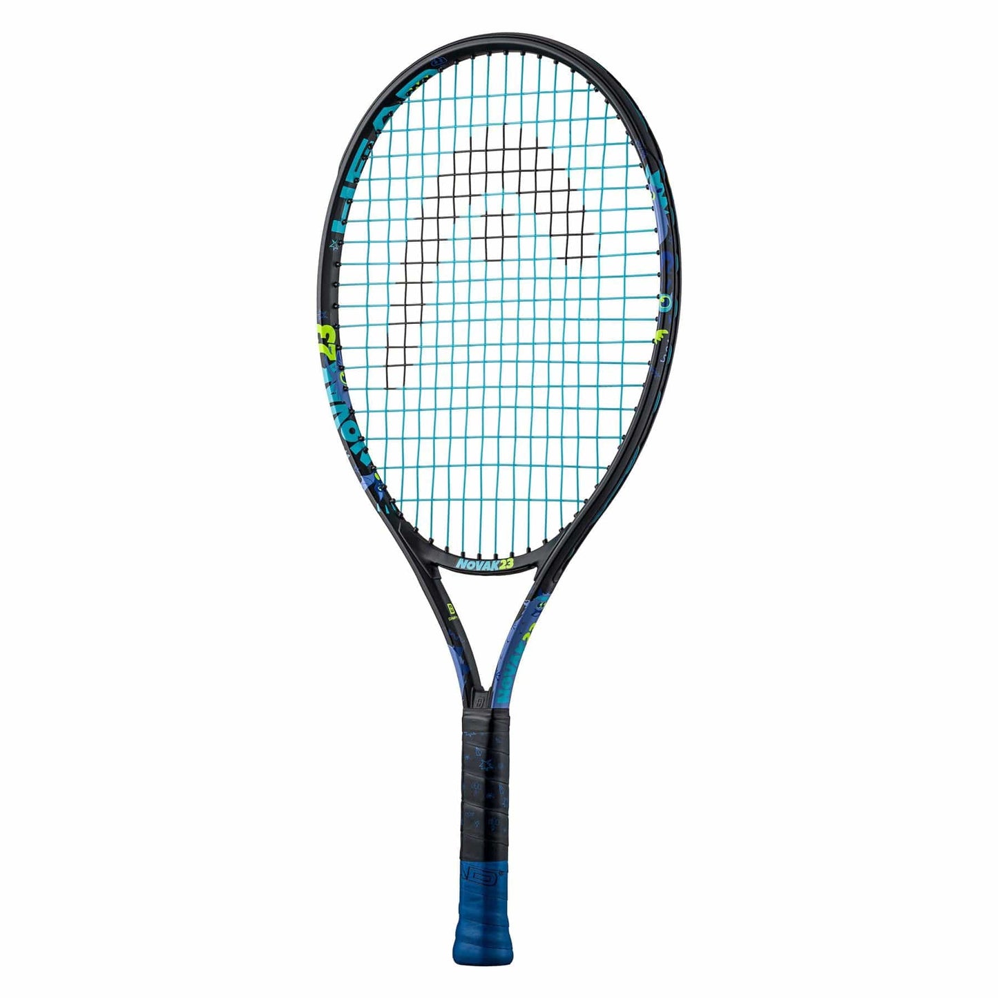 The HEAD Novak 23 Junior Tennis Racket - Black / Blue, inspired by Novak Djokovic, showcases a sleek black and blue frame with yellow accents. It comes equipped with a damp+ insert in the blue handle for enhanced grip and control, paired with tightly strung strings to boost on-court performance.
