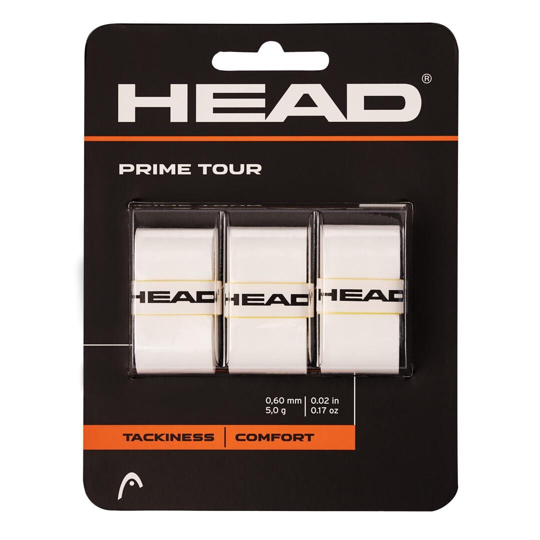 Packaging for HEAD Prime Tour Tennis Overgrip (3 Pack) displays three white grips with the HEAD logo, highlighting "Tackiness" and "Comfort.
