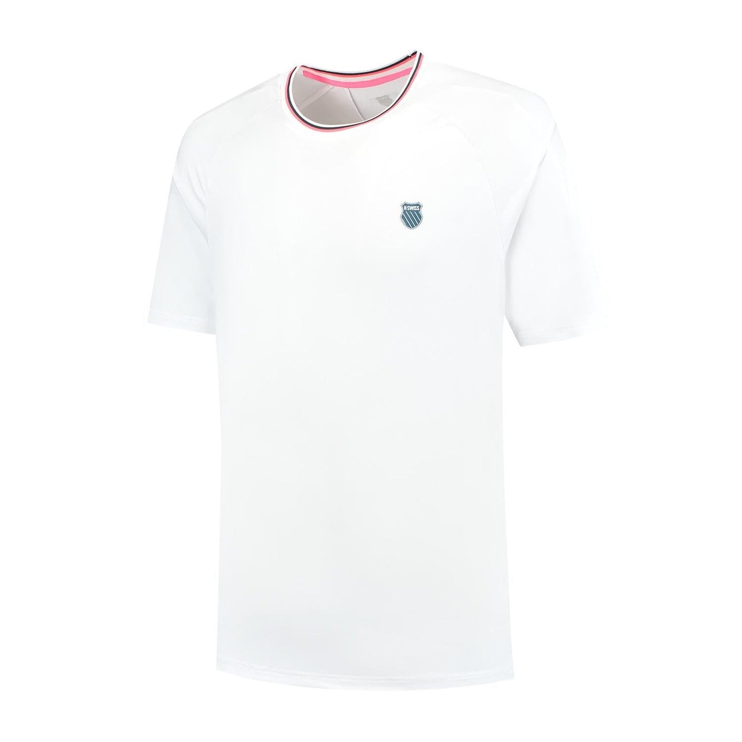 The K-Swiss Hypercourt Mesh Crew 4 Men's Tennis T-Shirt in white features a small embroidered logo on the left chest and a neckline with bold red and black stripes.