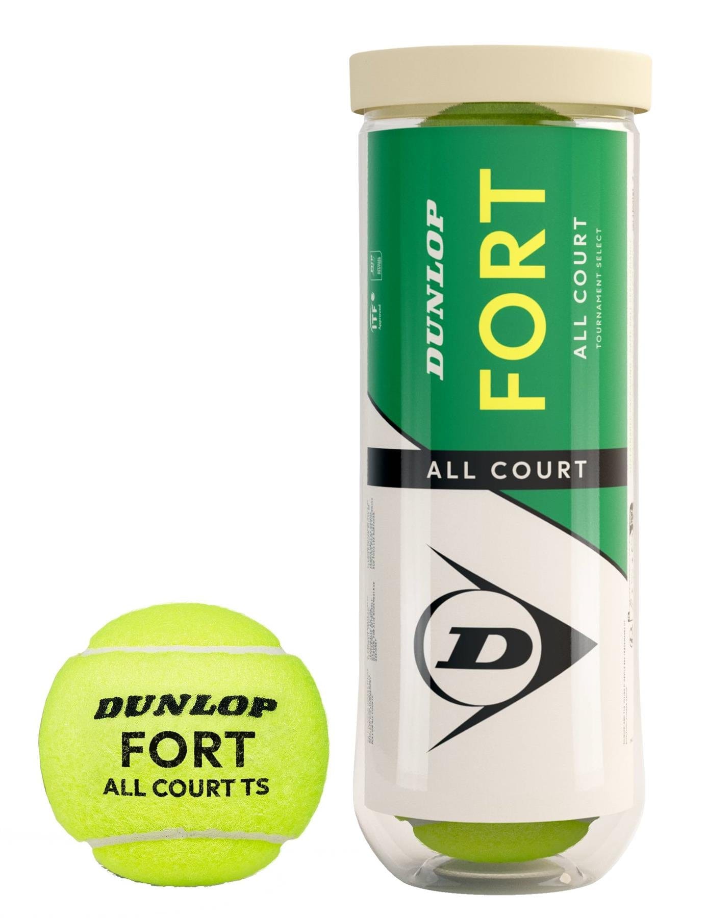 A tube of Dunlop Fort All Court Tennis Balls - 3 Ball Tube by Dunlop stands upright beside a single yellow ball, highlighting the logo—crafted for elite performance on every court surface.