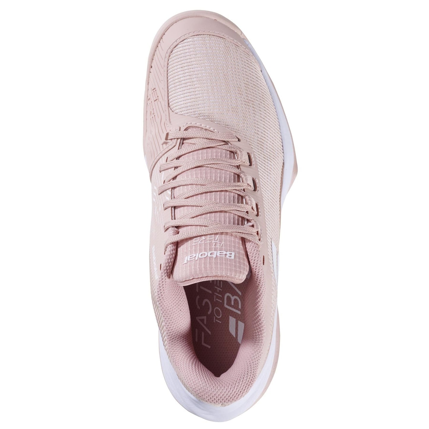 Top view of the Babolat Jet Tere 2 All Court 2025 Women's Tennis Shoes in Evening Sand with pink laces, featuring an ultra-lightweight design. The breathable mesh upper offers comfort and stability, while the white sole adds contrast. Insole text reads "FAST TO THE B" and "Babolat.