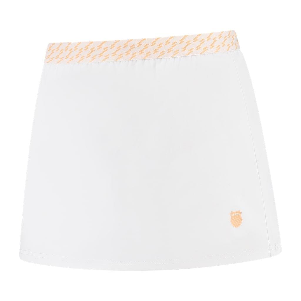 The K-Swiss Hypercourt Women's Tennis Skirt 5 - White boasts a white design highlighted by a subtle yellow lightning bolt pattern on the elastic waistband and is adorned with a small yellow shield logo near the hem. Engineered by K-Swiss, it features 4-Way Density Stretch to enhance movement on the court.