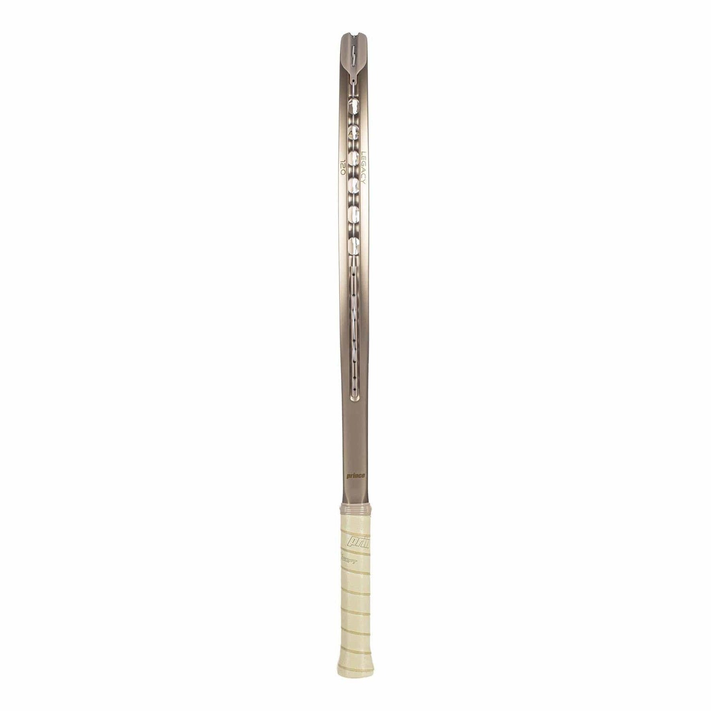 The Prince O3 Legacy 120 2025 Tennis Racket in gold showcases a sleek metallic frame with TeXtreme technology. Its beige handle and 16x19 string pattern boost performance, embodying the simple yet contemporary innovation of Prince Legacy racquets.