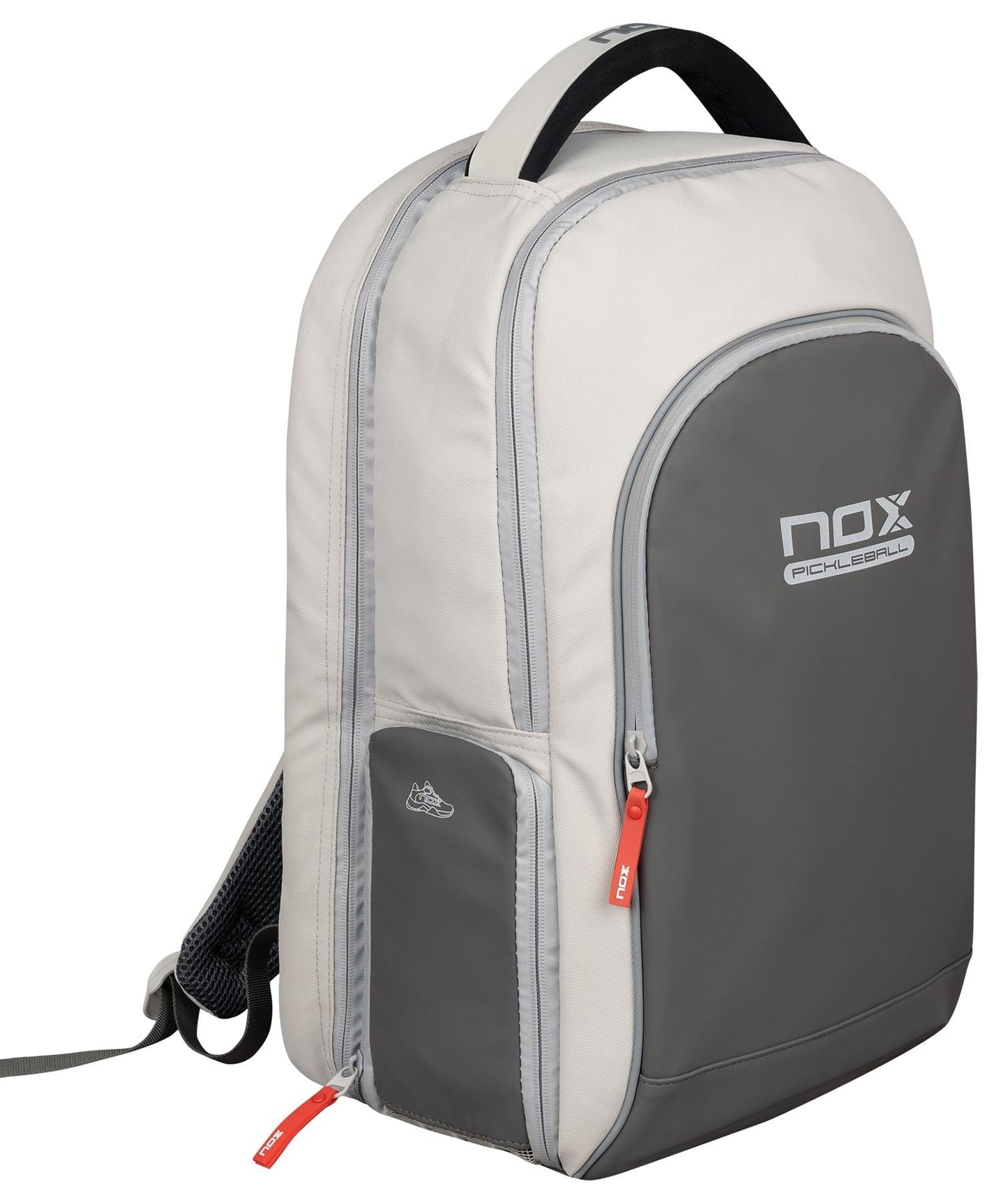 The NOX Pro Pickleball Backpack in cream features NOX ThermoTech, a front zip pocket, side pocket, red zipper pulls, top handle, and ergonomic padded straps for comfortable carrying.