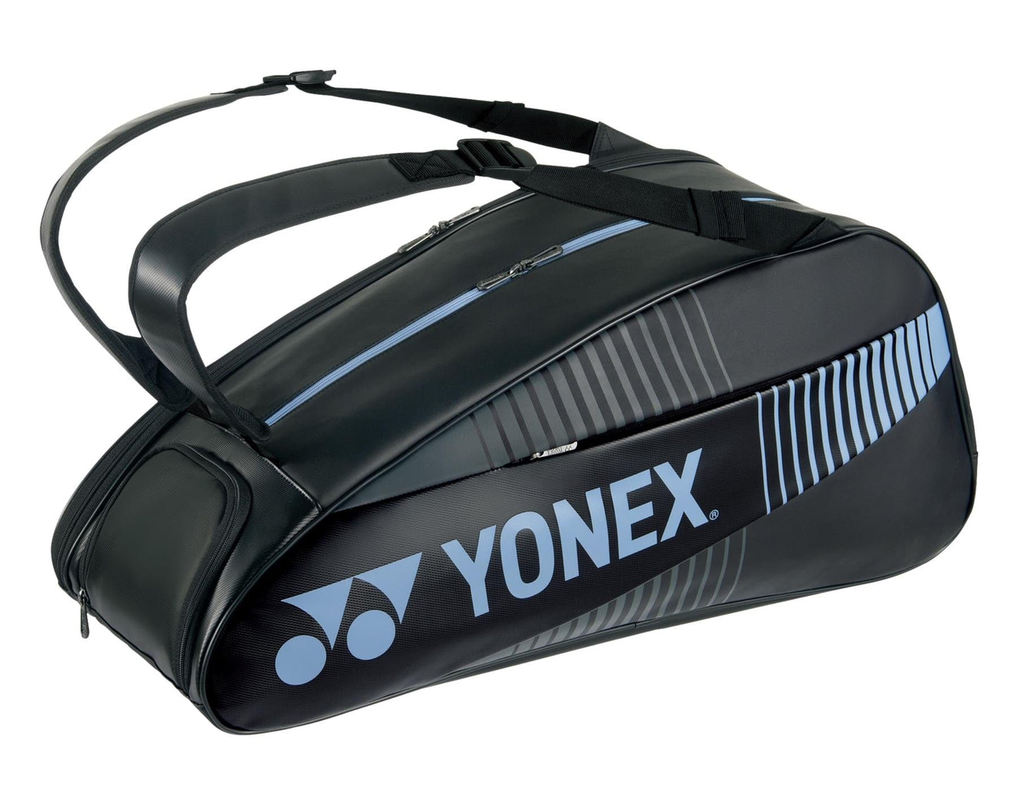 The Yonex 82426EX Active 6 Racket Tennis Bag in black, adorned with white and blue accents and the Yonex logo, includes two shoulder straps and a handy shoe compartment.