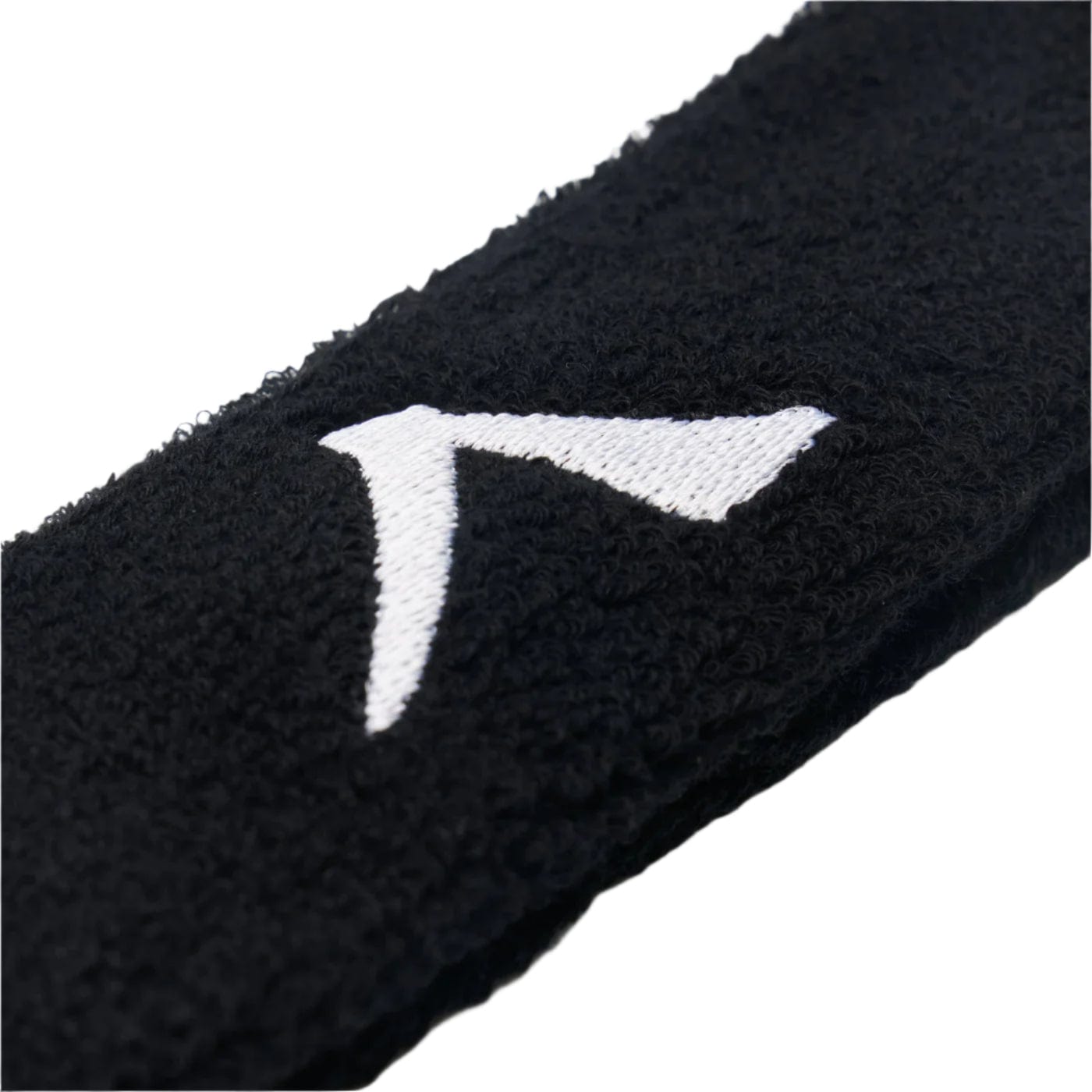 Close-up of a black Kanso 4cm headband made from absorbent, soft terrycloth-like fabric, featuring a stylized white embroidered "A" logo, offering comfort similar to the Kanso Headband.