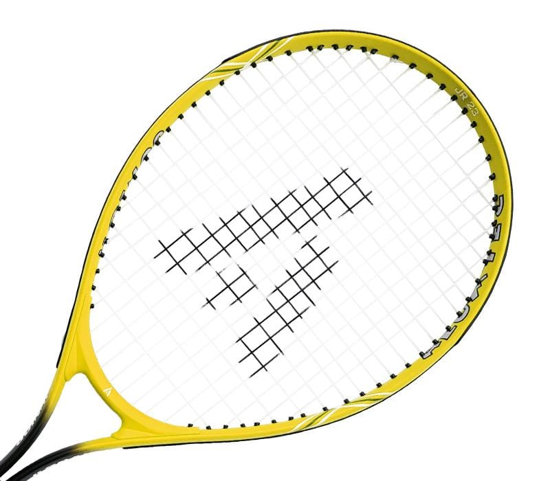 Introducing the Ashaway 21 Junior Tennis Racket - Yellow. Designed by Ashaway, this stylish racket features a distinctive black "T" pattern on the strings. With its slightly curved aluminium frame and sleek design, it is ideal for beginners. The vibrant yellow color stands out beautifully against a white background, highlighting its modern aesthetic.