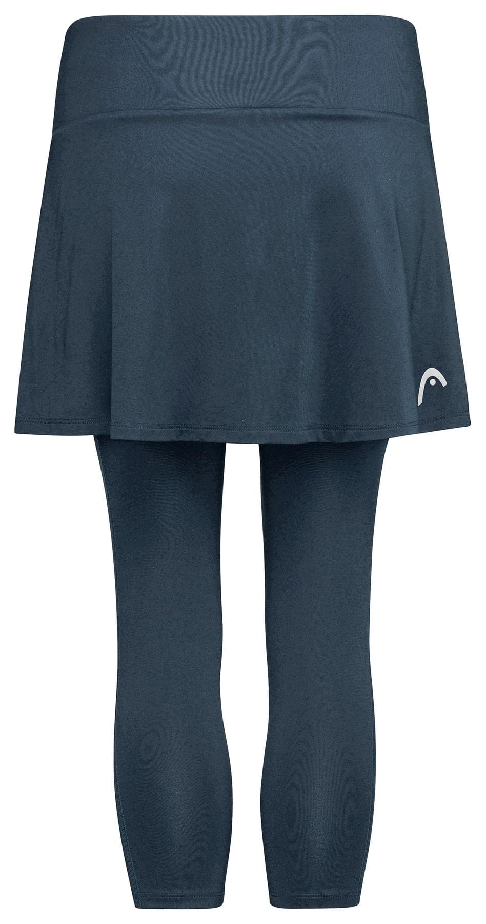 The HEAD Club 3/4 Tights Women's Tennis Skort in navy includes a moisture-wicking microfibre waistband, a small white logo on the lower skirt, and a handy tennis ball pocket, making it ideal for active days.