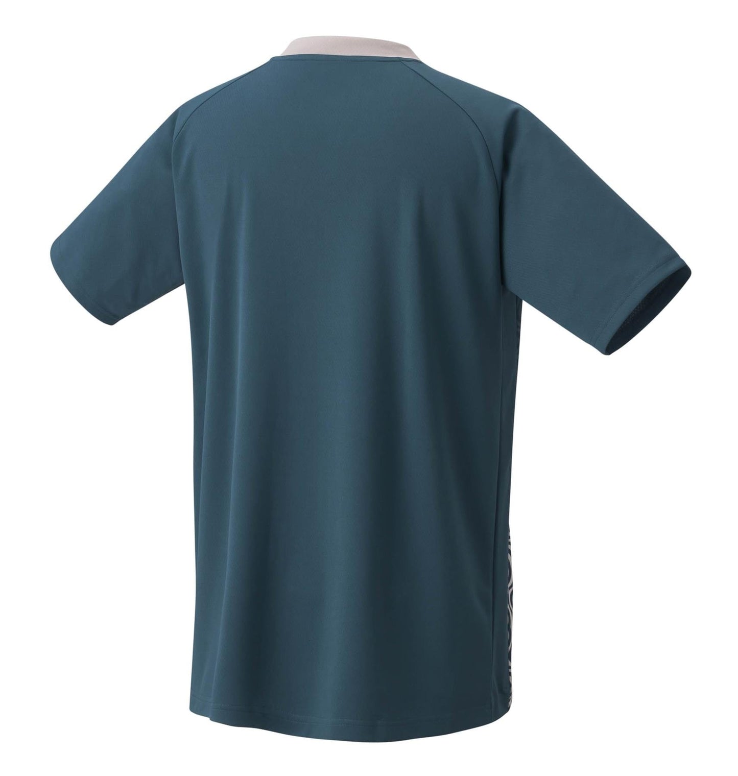 View of the back of a night sky color Yonex 16693EX Men's Tennis T-Shirt showcasing its minimalist design. The shirt includes a round collar, subtle patterned accents on the sides, and is expertly crafted to be sweat absorbent for maximum comfort.